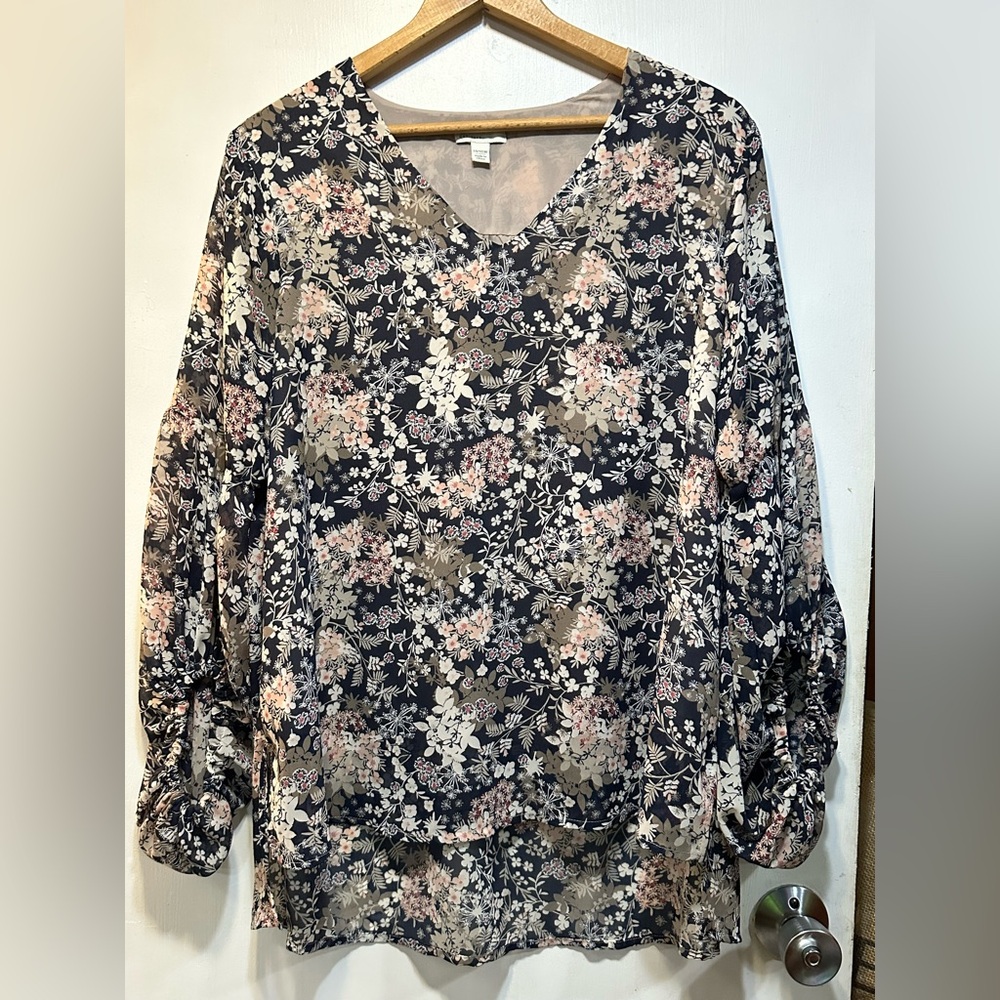 Floral Top Size 14W / 16W Sheer Blue Cream Blouse V-Neck Bishop‎ Sleeves Lined
